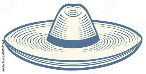 Stylized Mexican Sombrero Hat with Classic Woven Texture and Blue Band Illustration