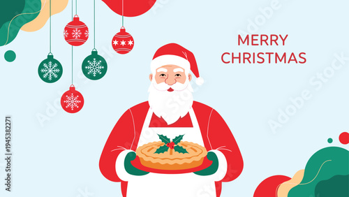 Jolly Santa Claus wearing an apron and holding a freshly baked pie amidst Christmas ornaments for a festive holiday celebration.