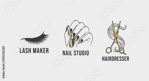 Beauty salon logos eyelashes, manicured nails, and scissors with hair