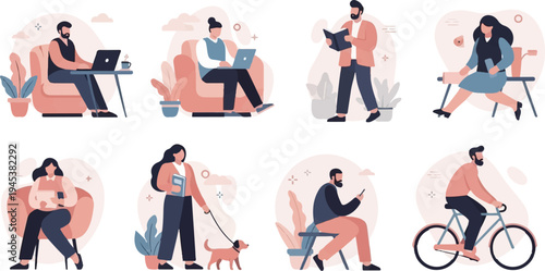 Stylized figures engage in various leisure and work activities with plants