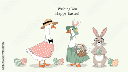 Elegant geese in spring dresses and a cute rabbit holding an Easter egg for a festive happy Easter greeting card illustration.