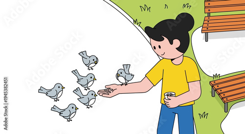 Woman feeding birds in the park.