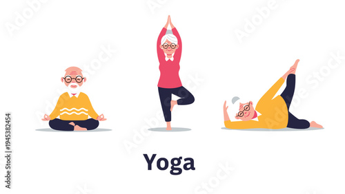 Group of active senior people practicing various yoga poses to maintain health and wellness in their retirement years.