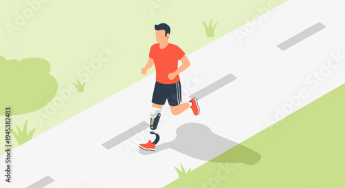 Man running on a road with prosthetic leg.