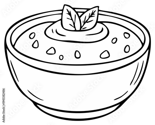 Drawn illustration of a bowl with dip garnished with mint leaves.