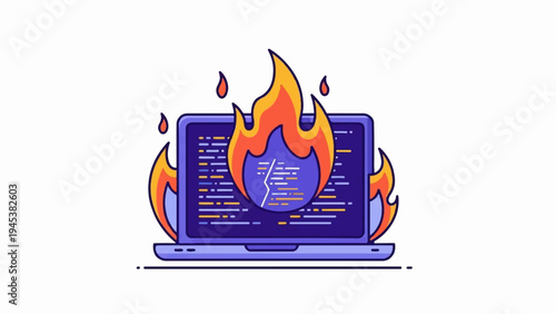 Cartoon laptop on fire, displaying code, digital art