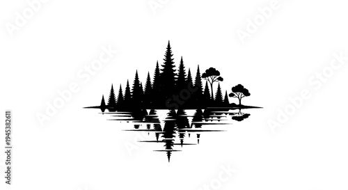 Black silhouette of a dense forest reflecting in rippling water