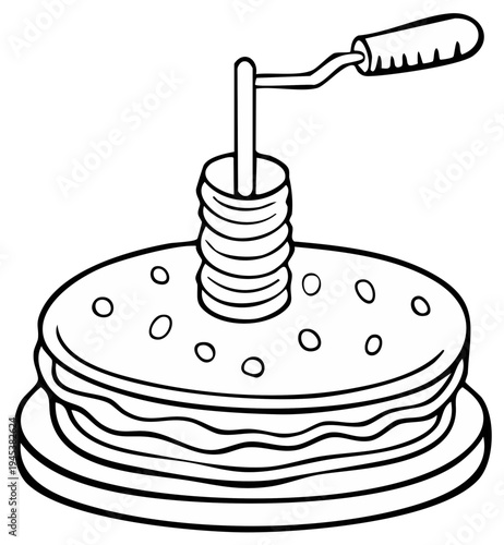Black and white vector line art of a burger press over a burger