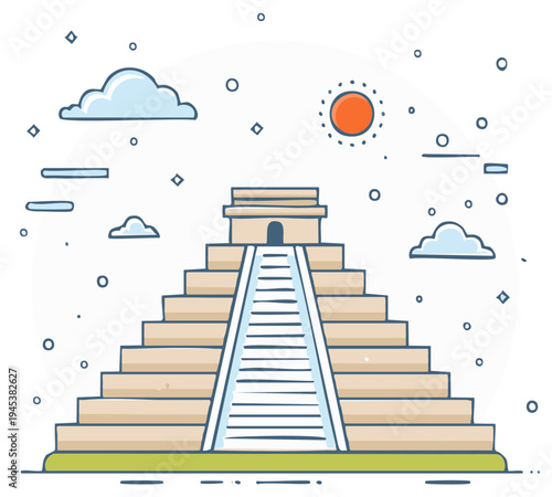 Ancient Pyramid Structure with Steps and Sun in Cartoon Style