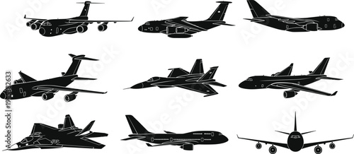 Collection of military and commercial airplane silhouettes including fighter jets cargo aircraft passenger planes isolated vector illustration set for design