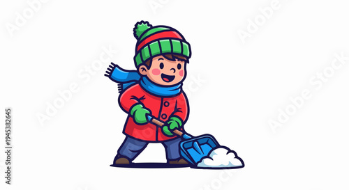 Cheerful child in winter clothes shoveling snow