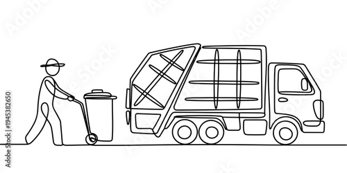 Continuous line garbage truck waste collection sanitation worker vector illustration