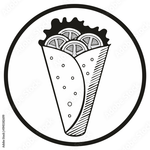 Shawarma Wrap Illustration, Street Food Icon, Middle Eastern Cuisine, Takeaway, Delicious Meal, Hand Drawn Style, Black and White Design