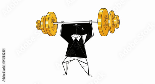 Stylized figure in suit lifts heavy barbell loaded with gold coins