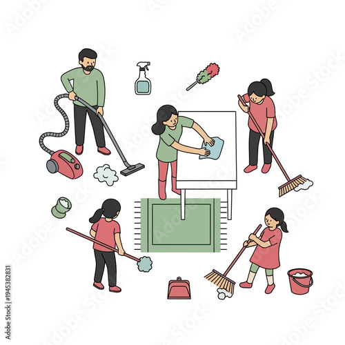 People cleaning and maintaining a house.