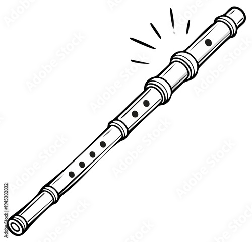 Cartoon illustration of a simple bamboo flute musical instrument with sound waves.
