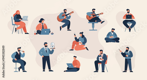 Diverse individuals engage in various activities, including working on laptops and playing guitars