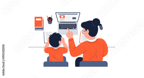 Woman and child using a laptop together.