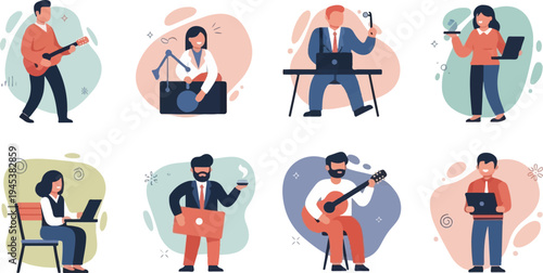 Diverse individuals engage in various activities like playing guitar, working on laptops