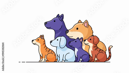 Stylized cartoon dogs of various colors sit attentively in a group