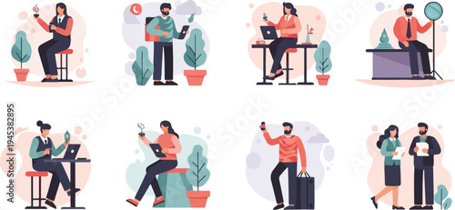 Diverse individuals engage in various daily activities including work, leisure, and travel