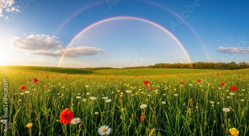 beautiful landscape of a field of flowers with a rainbow in the sky on a sunny day with blue cloudy
