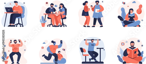 Diverse individuals engaged in various daily activities work, leisure, and fitness