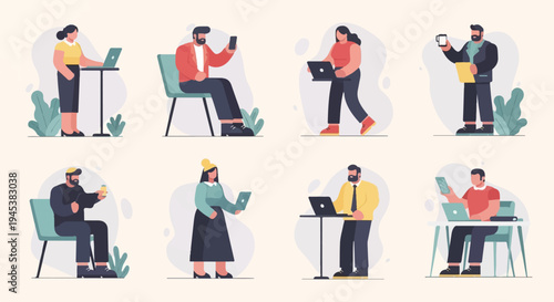 Diverse individuals engaged in various digital activities, working and communicating