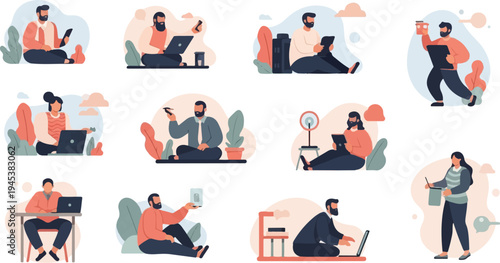 Diverse individuals engaged in various digital activities and creative pursuits