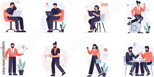 Diverse individuals engaged in various tasks like working, reading, exercising, and collaborating