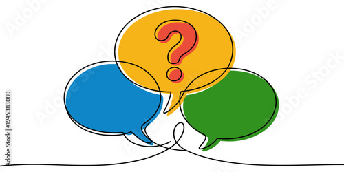 Continuous line speech bubbles question communication discussion concept vector illustration