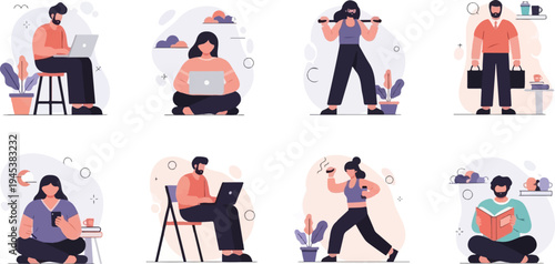 Diverse people engage in various activities working, exercising, and relaxing