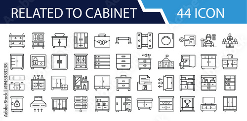 Outline Cabinet Icon Set in Line Art Style for Storage Furniture, Drawer, Cupboard, Office Cabinet, Home Organization, and Digital Interface Design