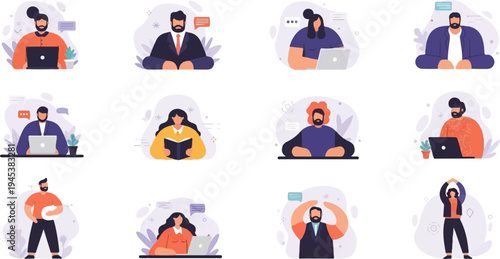 Diverse people engaged in various activities like working on laptops, reading, and exercising