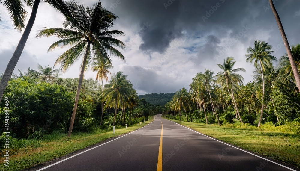 Fototapeta premium scenic tropical road surrounded by palm trees under an overcast sky