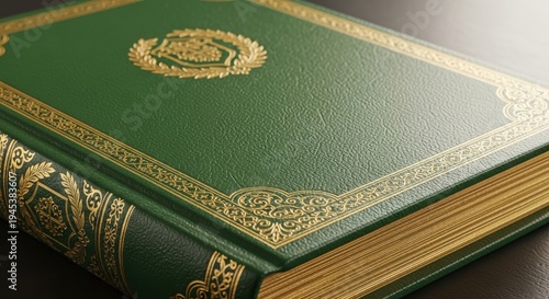 A green leather-bound book with gold foil stamping on the cover and spine lying on a dark surface bo