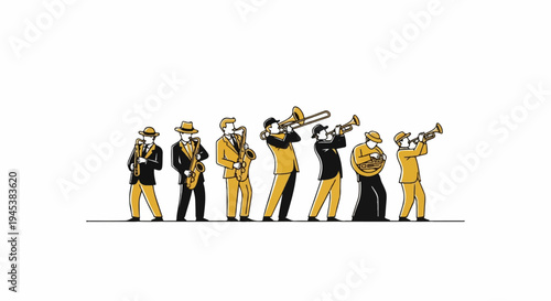 Musicians in stylish suits play various brass and woodwind instruments