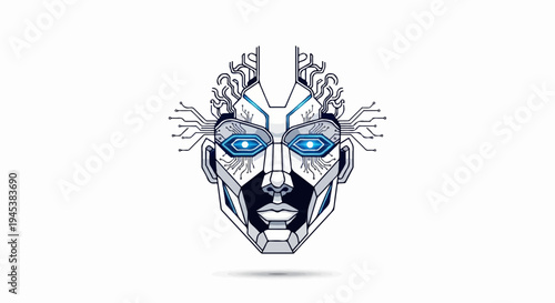 Geometric robot head with glowing blue eyes and circuit board details
