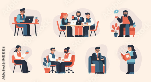 People in office settings, working, meeting, and relaxing