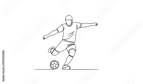 Minimal single line football player kicking soccer ball black white sports logo vector illustration