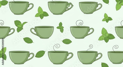 A repeating pattern of green tea cups and leaves on a light green background with butterflies and st