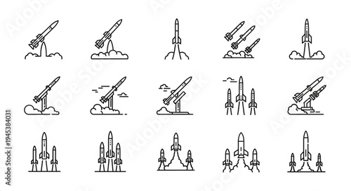 Collection of rocket launch icons in a line art style.