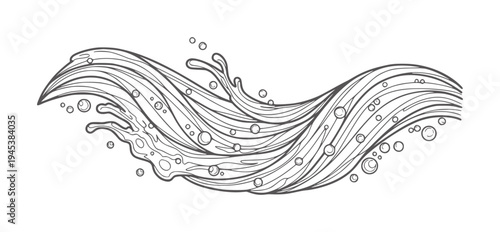 Stylized black and white line of a water splash with bubbles liquid wave