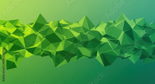 A vibrant green geometric pattern of various polygonal shapes arranged horizontally across the frame