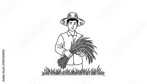 Farmer Holding Harvest Crops Line Art Illustration, Agriculture Farming Concept