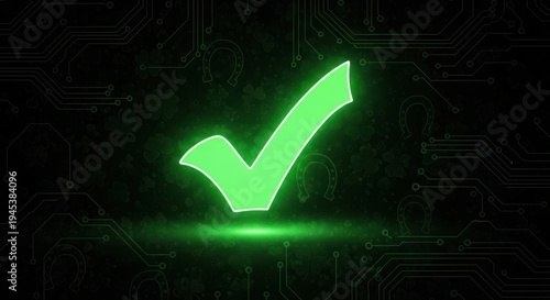A large green check mark on a dark background with circuit board pattern neon sign green light check