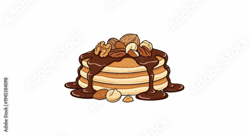 Stacked pancakes with melted chocolate and mixed nuts on top