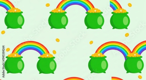 a repeating pattern of cartoon green pots of gold with rainbow on pastel green background with gold
