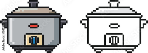Pixel art illustration of a slow cooker or rice cooker in color and outline versions, kitchen appliance.