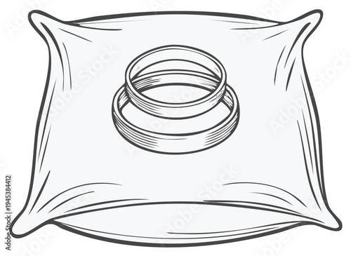 Wedding rings on a pillow illustration. Monochrome drawing for wedding celebrations